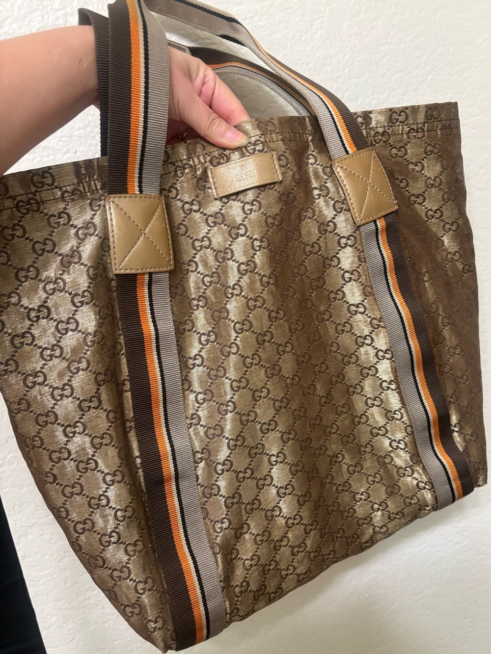 Authentic Gucci GG Crystal Sherry Line Gold Toned  Canvas Tote Bag
